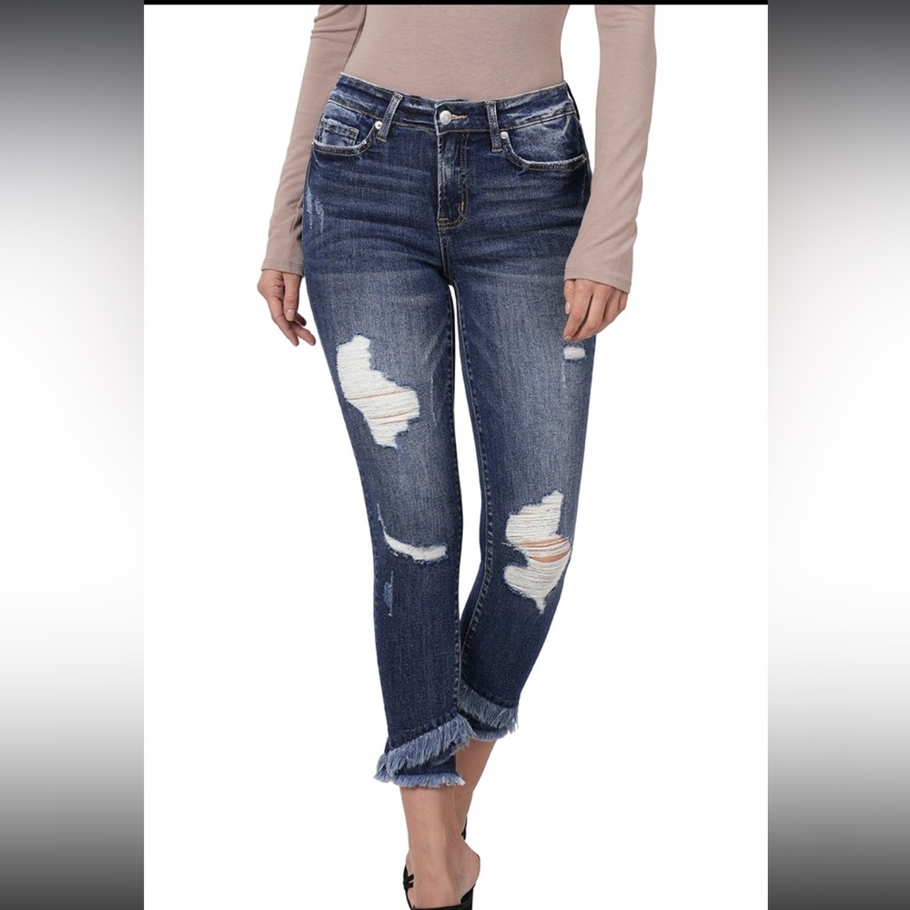 Dark Wash Mid-Rise Distressed Crop Skinny Denim Pant Jeans Zenana